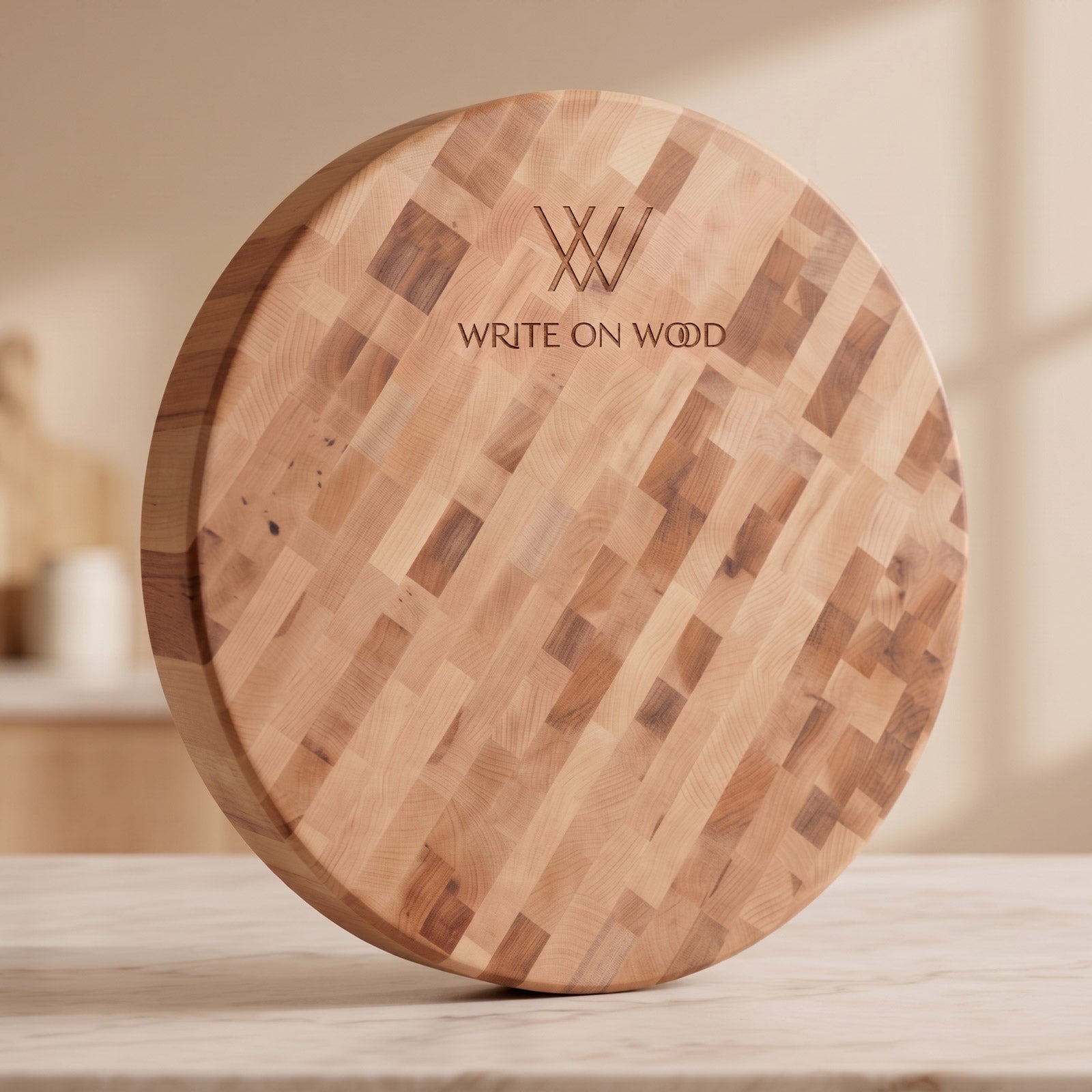 Top-face corporate logo engraving example on a round hardwood board