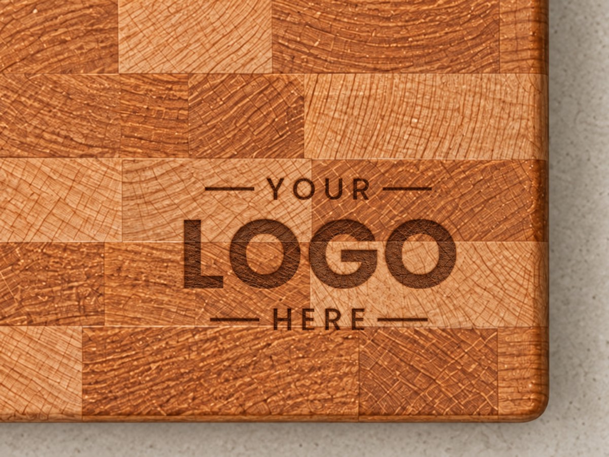 Close-up of a logo laser-engraved into end-grain hardwood