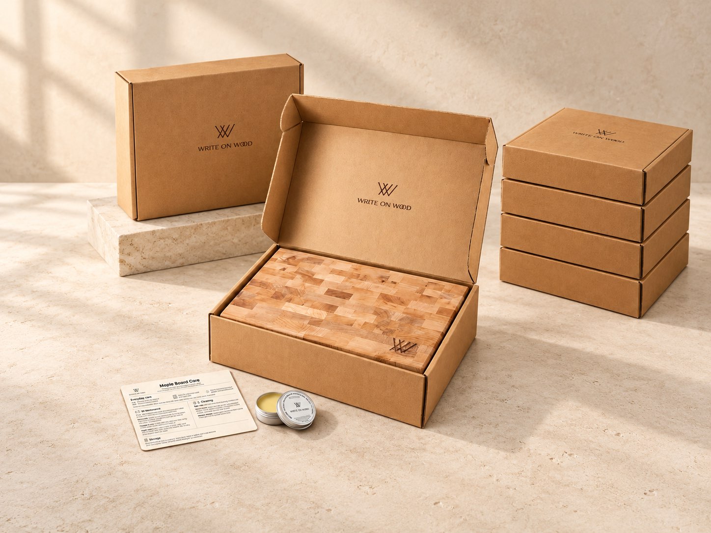 A hardwood board in an open Write On Wood gift box, with a care card, beeswax tin and stacked gift boxes