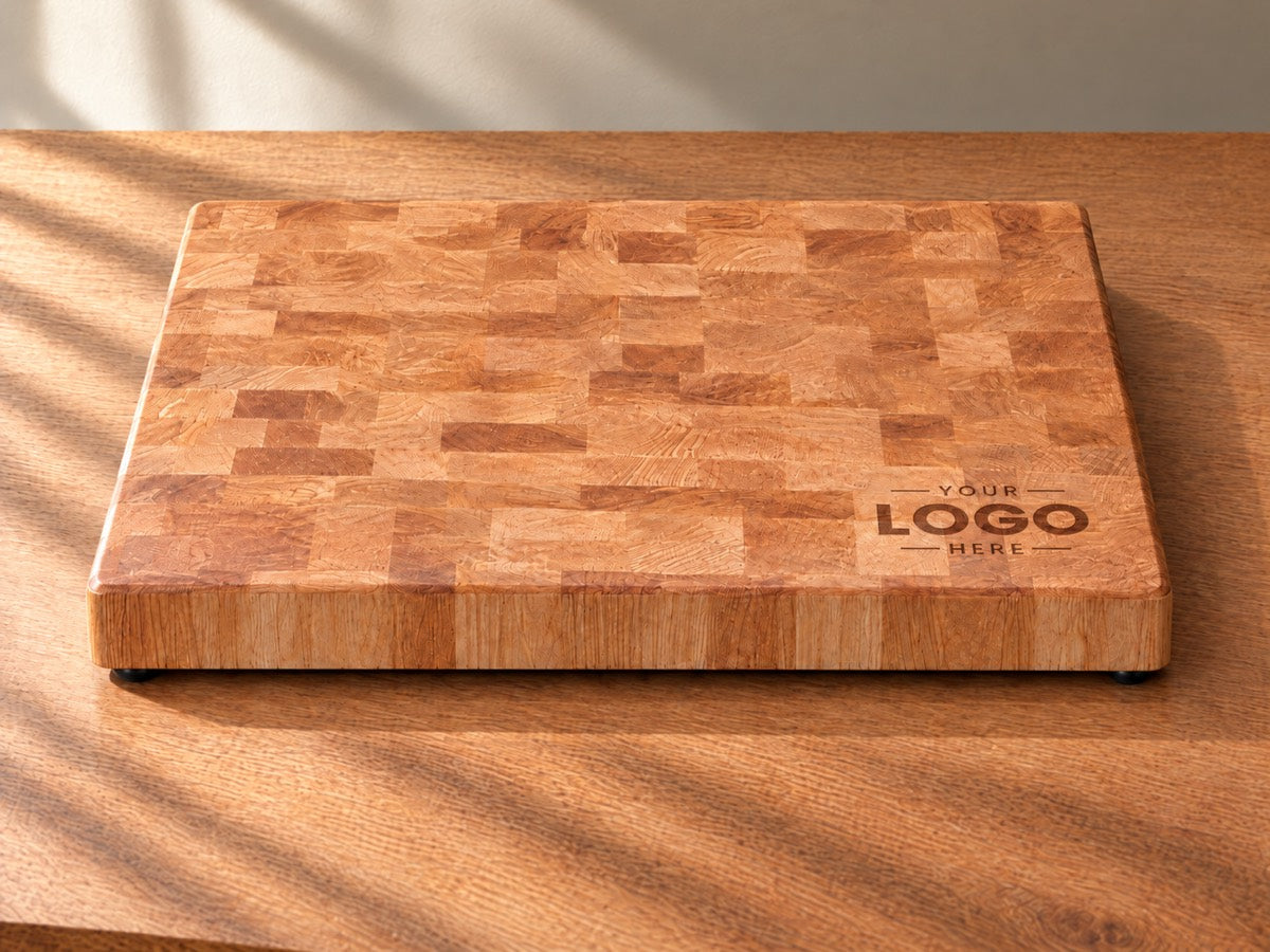 End-grain hardwood cutting board with a logo engraved in the bottom-right corner