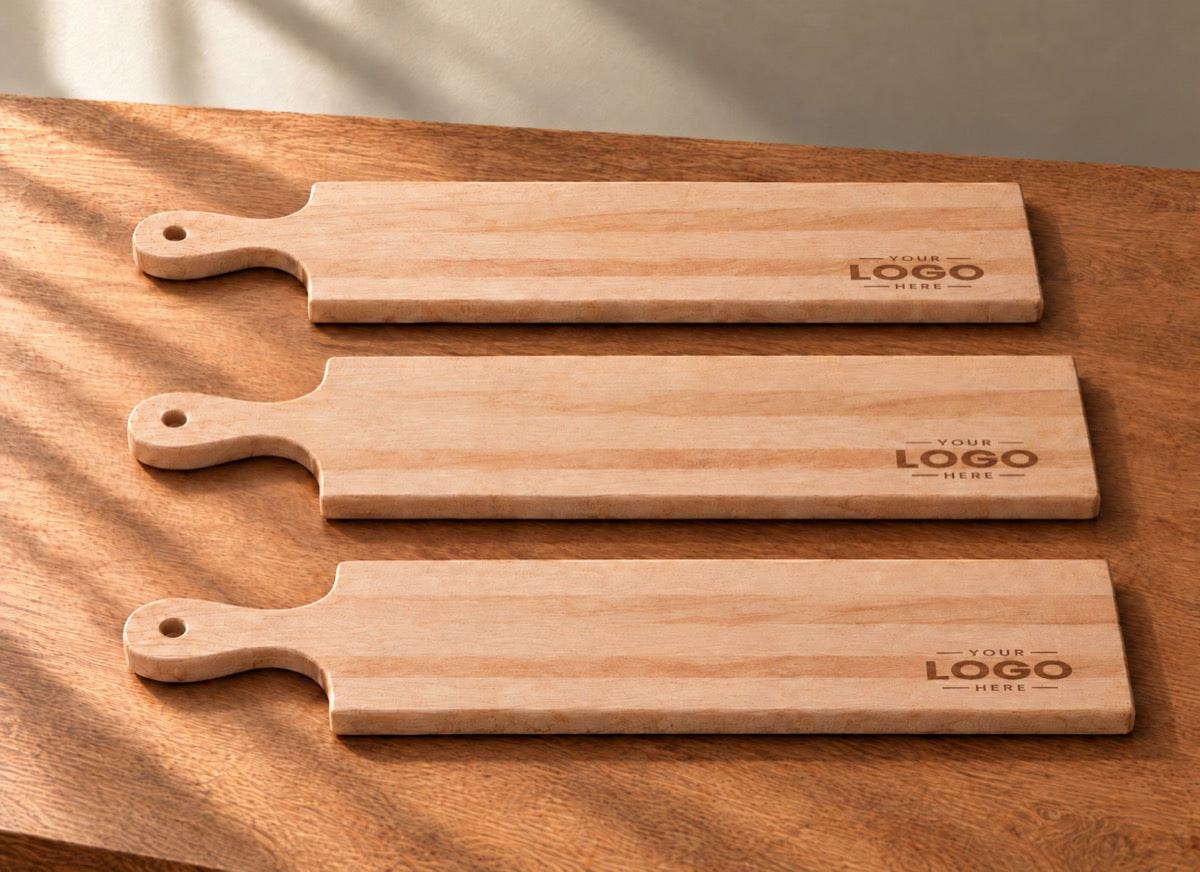Illustration of matching logo placement on three maple paddle boards