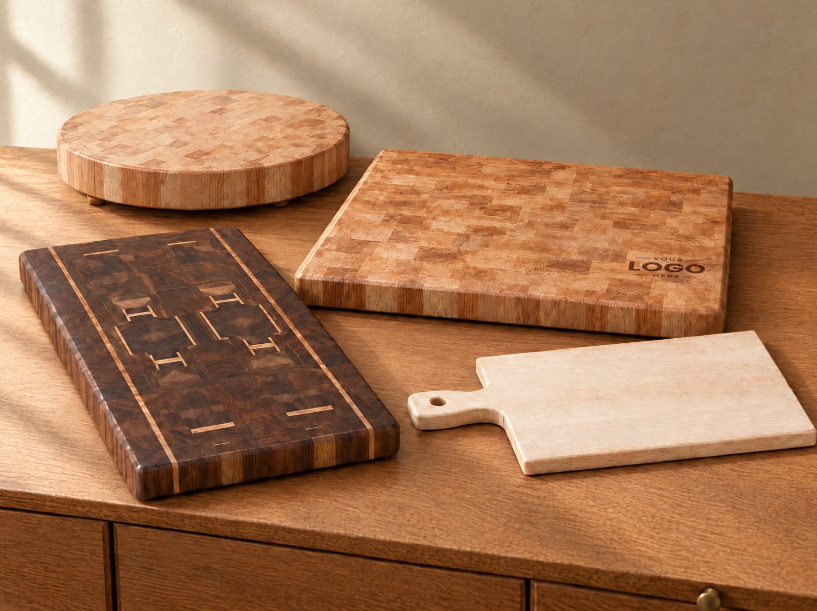 Four board styles, with illustrative logo placement on the end-grain board